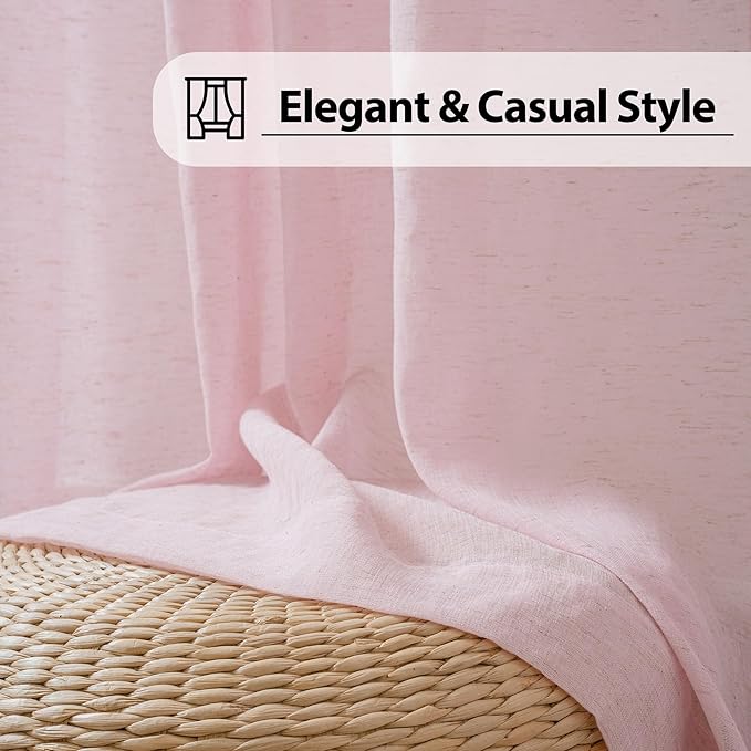 FMFUNCTEX Linen Sheer Curtains for Bedroom, Pink Curtains 84 inches Long for Living Room, Blush Pink Farmhouse French Flax Blend Window Draperies, Rod Pocket 2 Panels Set