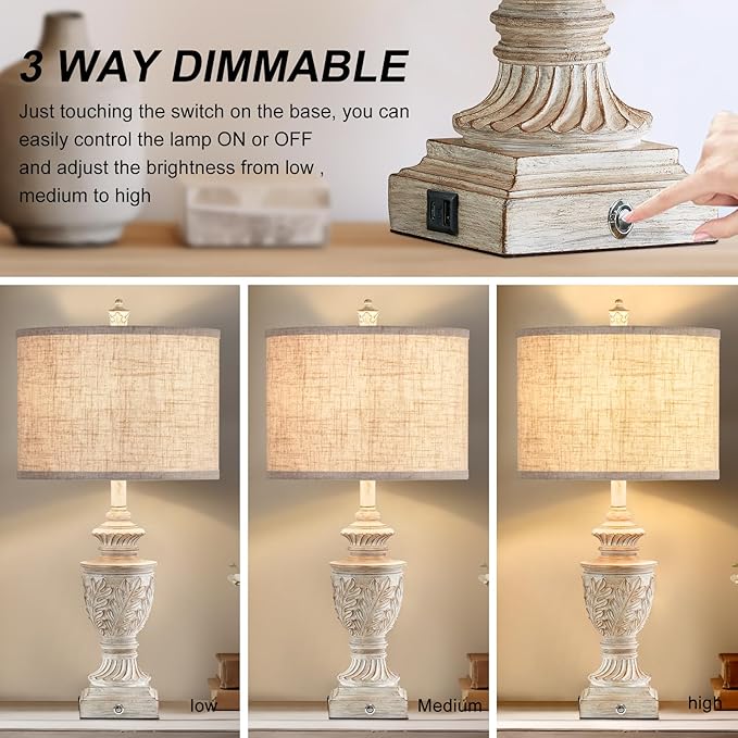 Farmhouse 3-Way Dimmable Touch Table Lamp Set of 2 for Bedroom Living Room with USB A+C Charging Ports 27" Tall Rustic Traditional Nightstand Bedside Lamps White End Table Lamp (2 Bulbs Included)