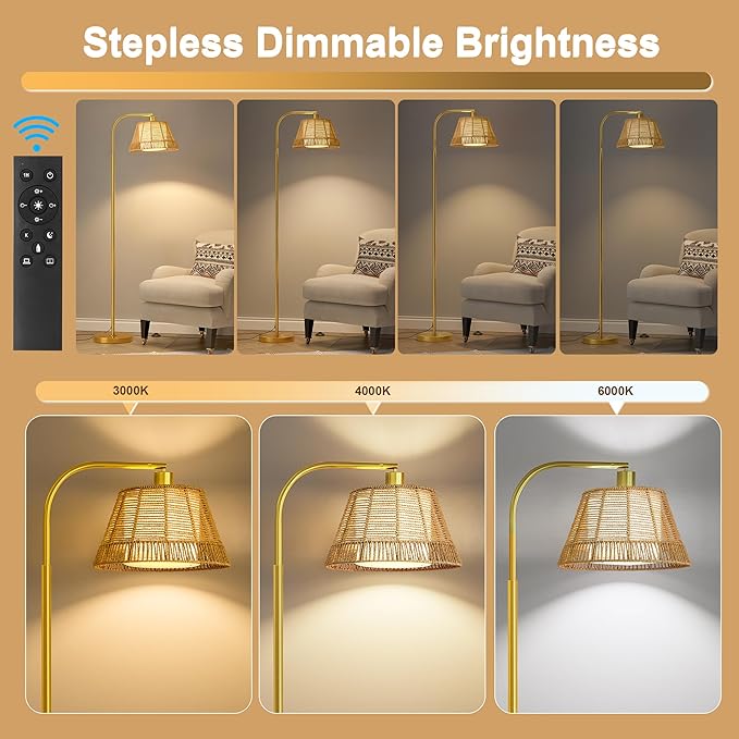 Oneach Arc Floor Lamp for Living Room with 3 Color Temperatures, Farmhouse Floor Lamps with Remote & Dimmable Bulb, Rattan Boho Floor Lamp with Hand-Woven Wicker & Fabric Shade