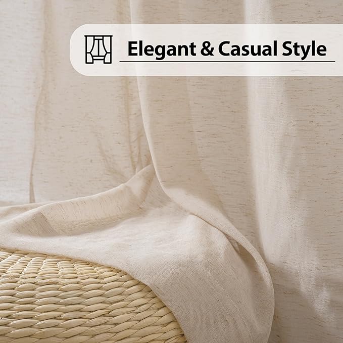 FMFUNCTEX Linen Sheer Curtains for Bedroom, Taupe Curtains 84 inches Long for Living Room, Brown Farmhouse French Flax Blend Window Draperies, Rod Pocket 2 Panels Set
