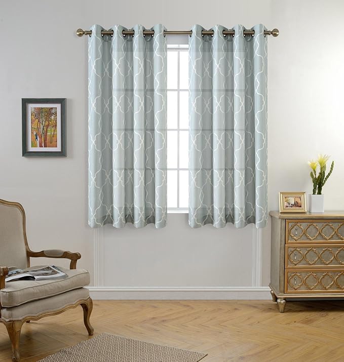 MIUCO Moroccan Embroidered Semi-Sheer Curtains Faux Linen Grommet Window Panel Pair for Nursery 52 x 63 Inch, Sea Foam