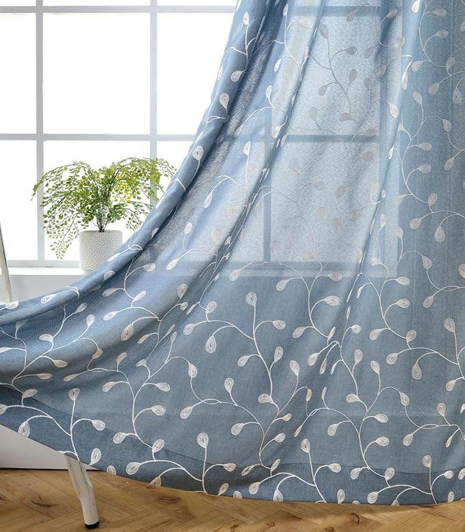 MIUCO Floral Embroidery Semi Sheer Curtains Faux Linen Grommet Curtains for Bedroom 52 x 63 Inch 2 Panels, Dusty Blue