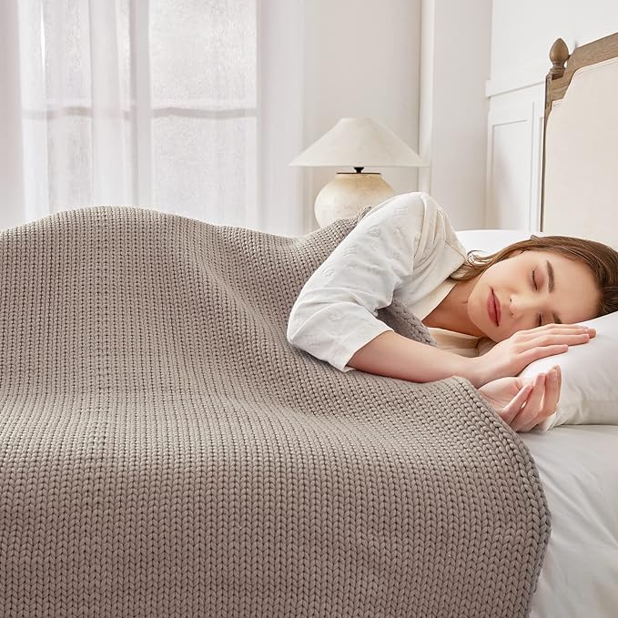 Knitted Weighted Blanket(Beige 50"x60" 10lbs),Home Décor Cooling Throw Blanket for Hot Sleepers,Hand Made Chunky Knit Heavy Blanket or Adults Use on Twin Size Bed