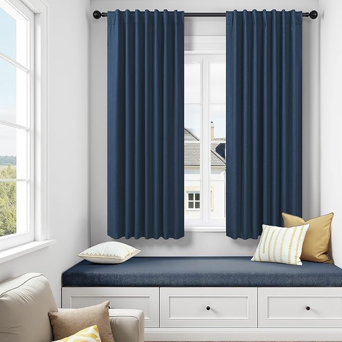 Navy Blackout Curtains 72 Inches Long for Bedroom Navy Blue Room Darkening Thermal Insulating Window Black Out Linen Nautical Curtains for Living Room Nursery 52x72 Inch Length 2 Panel Back Tab Pocket