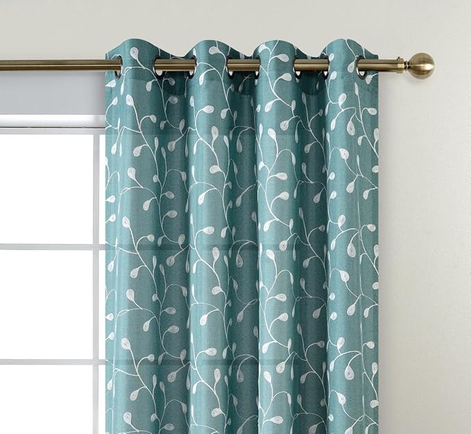 MIUCO Floral Embroidered Semi Sheer Curtains Faux Linen Grommet Window Panel Pair for Bedroom 52 x 63 Inch, Teal