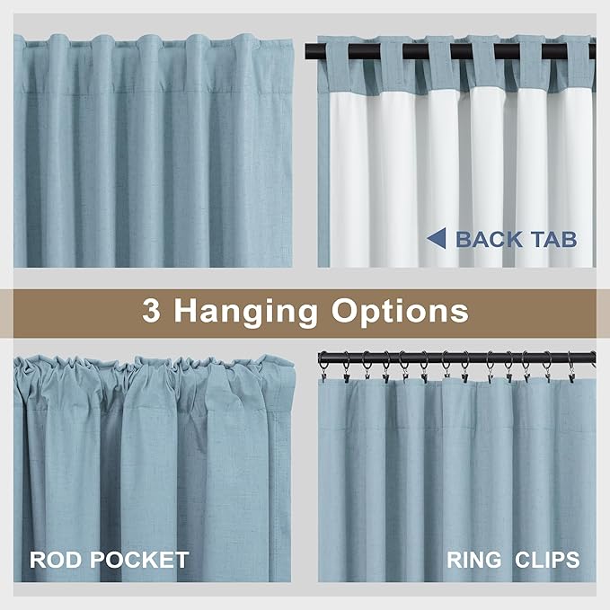 Dusty Blue Drapes 84 Inch Length 2 Panels for Bedroom Aesthetic 100% Blackout Cute Curtains for Nursery Weather Curtain Thermal Insulated Energy Efficient Cotton Linen Back Tab Pleated Stone Blue Grey