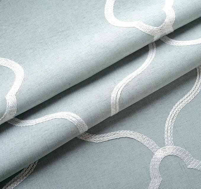MIUCO Moroccan Embroidery Semi Sheer Curtains Faux Linen Grommet Curtains for Living Room 52 x 84 Inch 2 Panels Set, Sea Foam