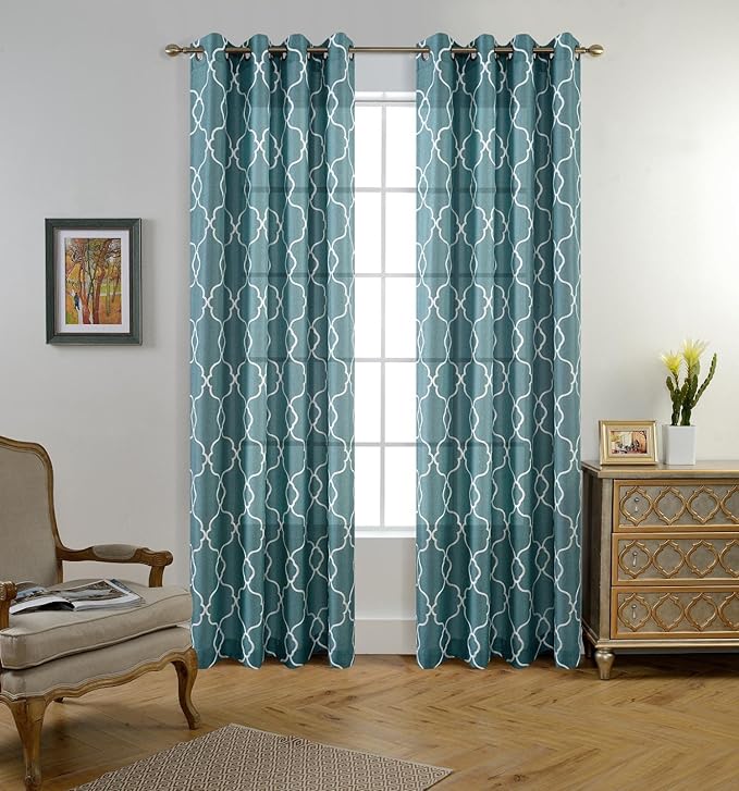 MIUCO Moroccan Embroidery Semi Sheers Curtain Faux Linen Grommet Window Curtains for Bedroom 52 x 95 Inch 2 Panels, Teal