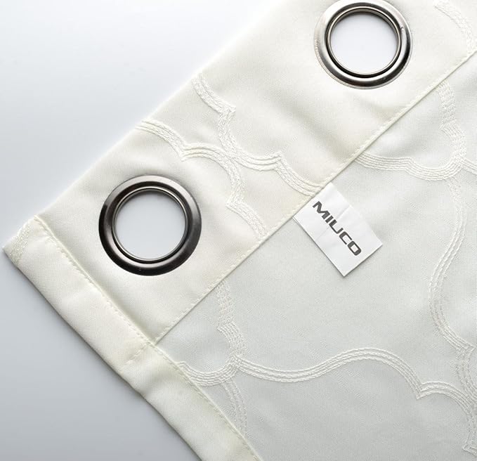 MIUCO Moroccan Embroidered Semi Sheer Curtains Faux Linen Grommet Curtain Panels for Living Room 52 x 95 Inch 1 Pair, Off White