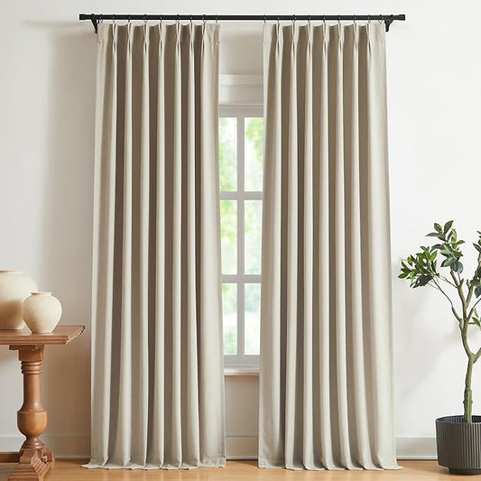 Vision Home Sand Pinch Pleated Full Blackout Curtains Linen Blended Room Darkening Window Curtains 90 inch for Living Room Bedroom Thermal Insulated Pinch Pleat Drapes with Hooks 2 Panel 40" Wx90 L