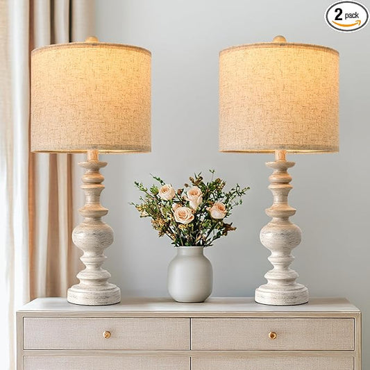 BOBOMOMO 24" Farmhouse Resin Table Lamp Set of 2, Vintage Lamps for Living Room Bedroom with Linen Shades, Traditional Rustic Bedside Lamps Retro Table Lamps for Living Room, Bedroom, Office