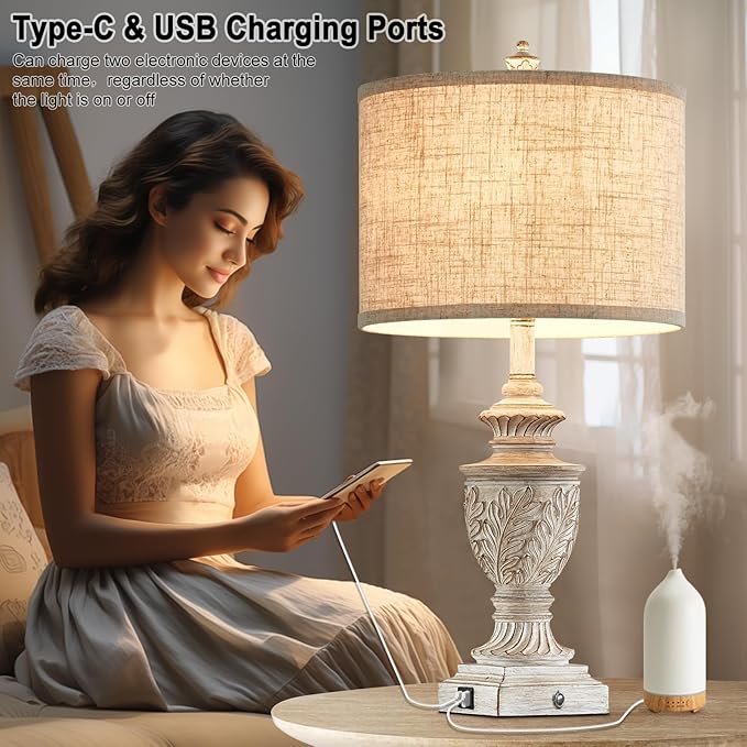 Farmhouse 3-Way Dimmable Touch Table Lamp Set of 2 for Bedroom Living Room with USB A+C Charging Ports 27" Tall Rustic Traditional Nightstand Bedside Lamps White End Table Lamp (2 Bulbs Included)