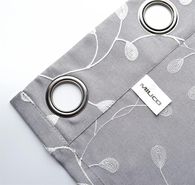 MIUCO Floral Embroidery Semi Sheer Curtains Faux Linen Grommet Curtains for Bedroom 52 x 63 Inch 2 Panels, Grey