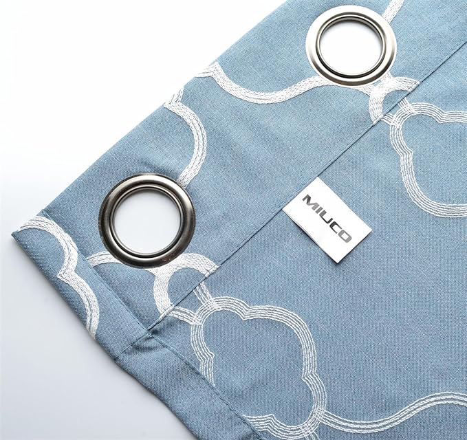 MIUCO Moroccan Embroidered Semi Sheer Curtains Faux Linen Grommet Window Curtain for Living Room 52 x 84 Inch 2 Panels, Dusty Blue