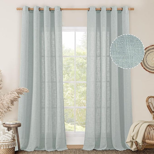 LAMIT Living Room Linen Curtains 90 Inch for Bedroom, Bronze Grommet Linen Textured Sheer Curtains Light Filtering Burlap Drapes for Farmhouse, 2 Panels, 52 x 90 Inch, Greyish Blue