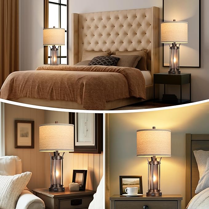 QiMH Farmhouse Table Lamps for Living Room, Rustic Beside Lamps for Bedroom with USB A+C Charging Ports, Nightstand Lamp with Frosted Glass Night Light for Home Decor, 4 Bulbs Included (Bronze)