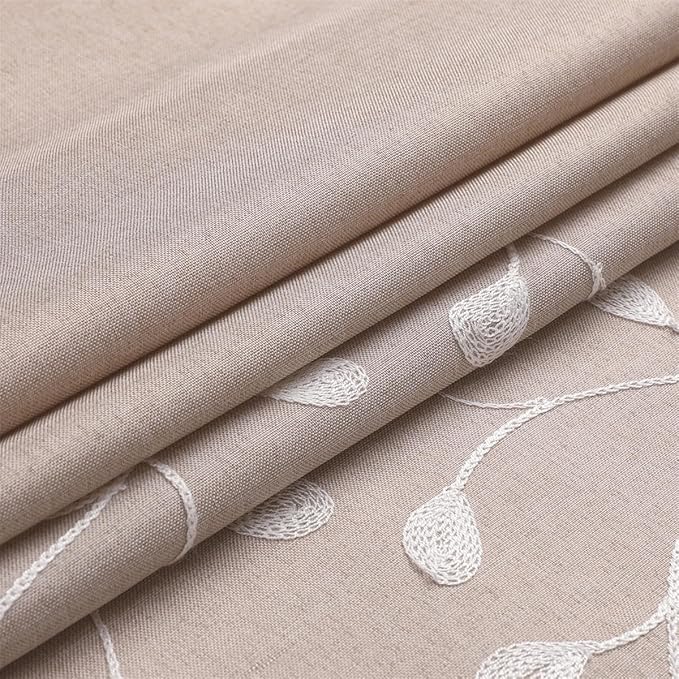 MIUCO Light Filtering Faux Linen Curtains, 63 Inch Length for Bedroom & Living Room, Linen Floral Embroidered Solid Mix and Match, Semi Sheer Grommet Farmhouse Drapes, 2 Panels Set