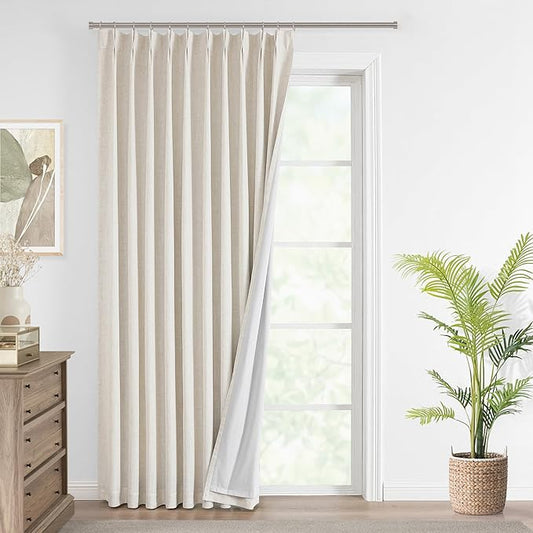 Vision Home Natural Pinch Pleated Full Blackout Curtains Linen Blended Room Darkening Window Curtains 108 inch for Living Room Bedroom Thermal Insulated Pinch Pleat Drapes with Hooks 60" Wx108 Lx1
