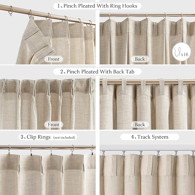 FMFUNCTEX Pinch Pleated Curtains 84 Inches Long for Living Room, Beige Semi Sheer Faux Linen Textured Pleat Drapes for Bedroom with Hooks, Light Filtering Neutral Farmhouse Window Drapes 2 Panels