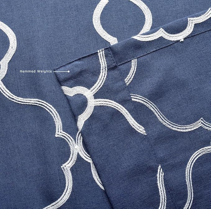 MIUCO Moroccan Embroidered Semi-Sheer Curtains Faux Linen Grommet Window Panels for Doors 52 x 95 Inch 2 Panels, Navy Blue