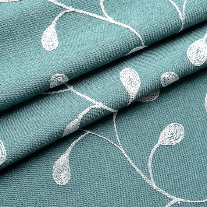 MIUCO Floral Embroidered Semi Sheer Curtains Faux Linen Grommet Window Panel Pair for Bedroom 52 x 63 Inch, Teal