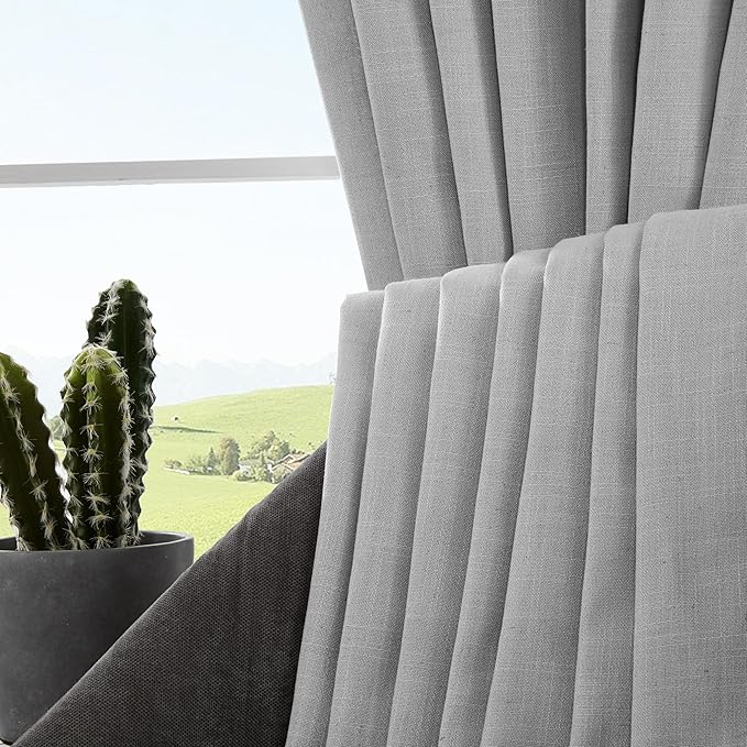 Joydeco Linen Curtains for Living Room,Light Filtering Rod Pocket Back Tab Semi Sheer Drapes Window Long Curtains 96 inches Long Ebony Grey