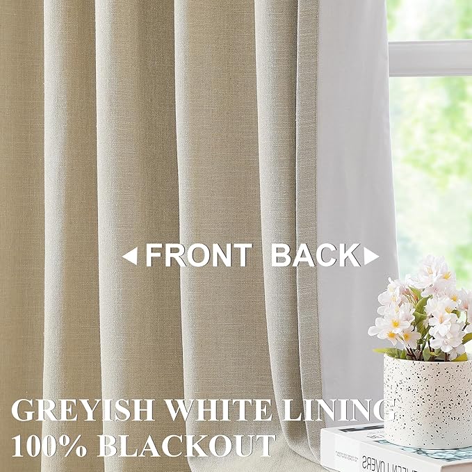 Vision Home Sand Pinch Pleated Full Blackout Curtains Linen Blended Room Darkening Window Curtains 120 inch for Living Room Bedroom Thermal Insulated Pinch Pleat Drapes with Hooks 10ft 40" Wx120 Lx2