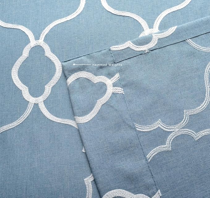 MIUCO Moroccan Embroidered Semi Sheer Curtains Faux Linen Grommet Window Curtain for Living Room 52 x 84 Inch 2 Panels, Dusty Blue