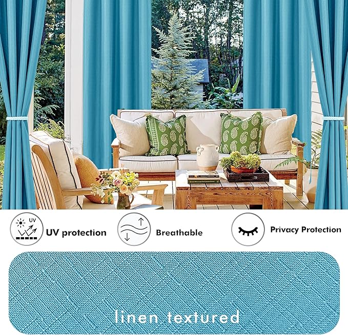 HolidayIdeas 4 Panels Linen Outdoor Curtains for Patio Waterproof-Teal Outside Curtains 54"x 84"-Indoor/Outdoor Curtains Weatherproof, Privacy for Pergola, Porch, Gazebo, Living Room, Backyard