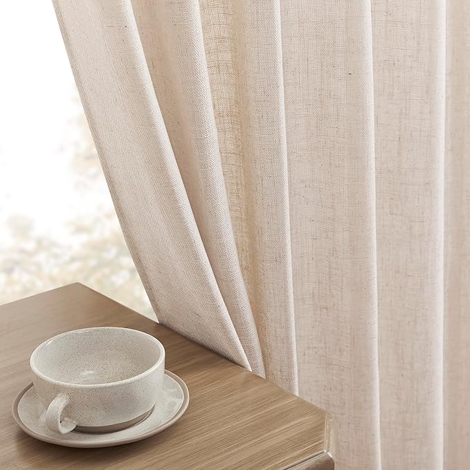Joydeco Linen Curtains for Living Room,Semi Sheer Drapes Window Long Curtains 84 inches Long Pink Beige