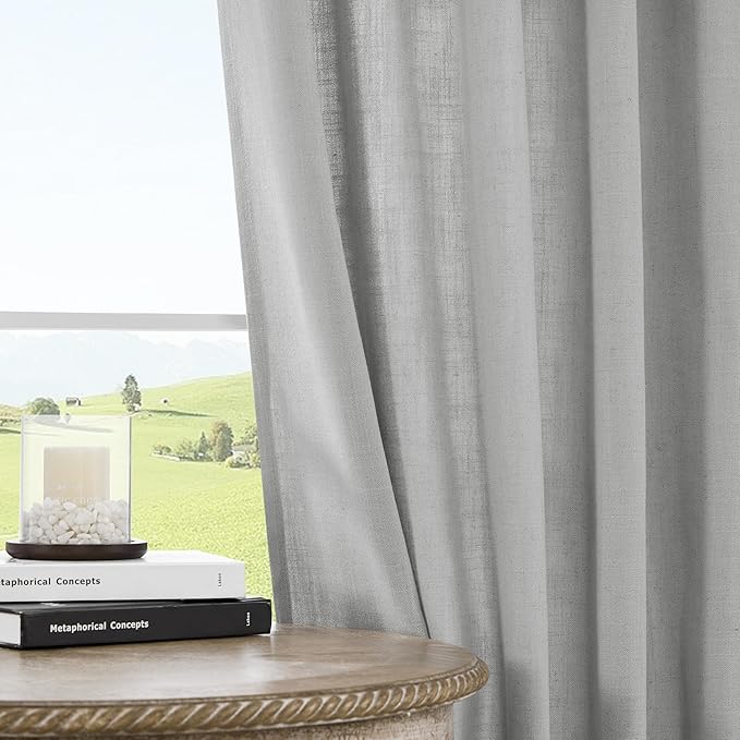 Joydeco Linen Curtains for Living Room,Light Filtering Rod Pocket Back Tab Semi Sheer Drapes Window Long Curtains 96 inches Long Ebony Grey