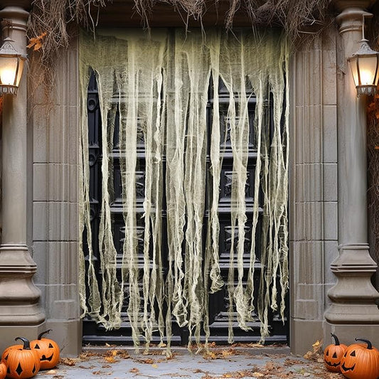 RunNico 2Pcs 85" x 60" Large Halloween Door Curtain Decoration, White Gauze Doorway Curtain, Creepy Cloth Strip Drape for Halloween Horror Theme Party Haunted House Costume Decor