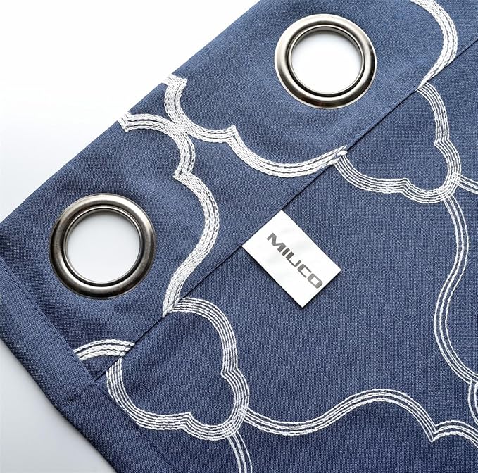 MIUCO Moroccan Embroidery Semi Sheer Curtains Faux Linen Grommet Window Curtains for Living Room 52 x 63 Inch 2 Panels, Navy Blue