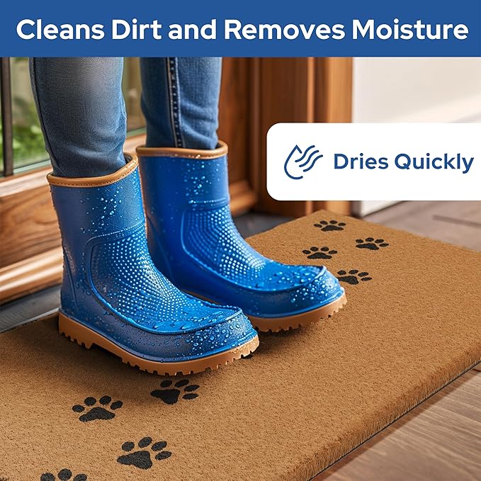 Barnyard Designs Natural Coco Coir Heavy Duty Backing Doormat - Large Cute Non-Slip Front Door Welcome Mat for Outside Entrance or Porch Entry, Brown (17x30, Paws)