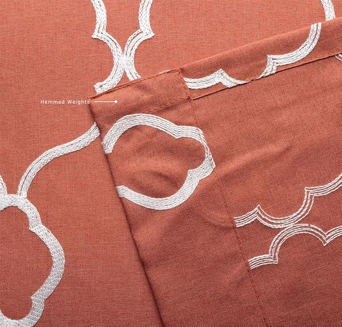 MIUCO Moroccan Embroidered Semi Sheer Curtains Faux Linen Grommet Window Curtains for Girls Room 52 x 63 Inch 2 Panels, Rust