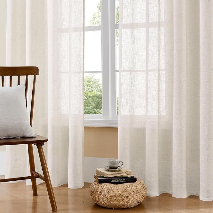 Joydeco Light Filtering Curtains 108 Inch Length for Bedroom, Linen Curtains 108 Inch Length 2 Panels Set for Living Room，White Semi Sheer Curtains 108 Inches Long with Rod Pockets