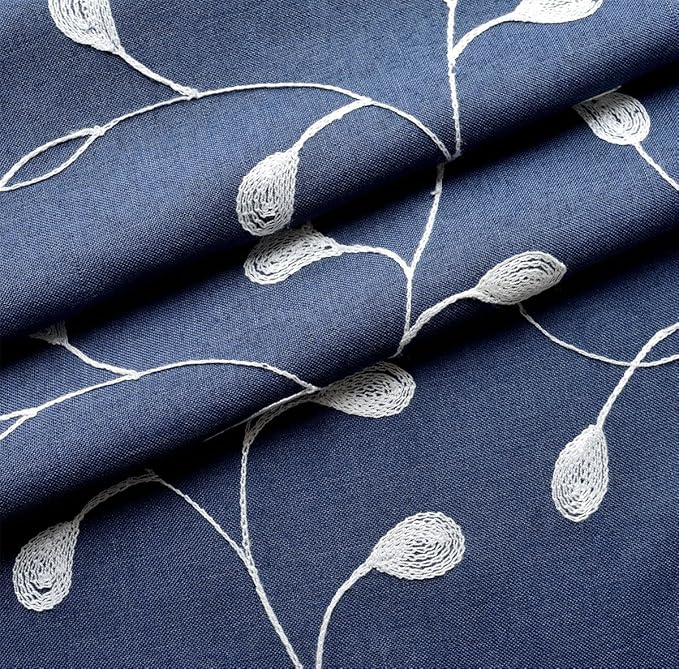 MIUCO Floral Embroidery Semi Sheer Curtains Faux Linen Grommet Window Curtains for Living Room 52 x 63 Inch 2 Panels, Navy Blue