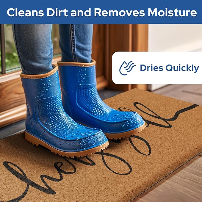 Barnyard Designs Natural Coco Coir Heavy Duty Backing Doormat - Large Cute Non-Slip Front Door Welcome Mat for Outside Entrance or Porch Entry, Brown (17x 30, Y'all)