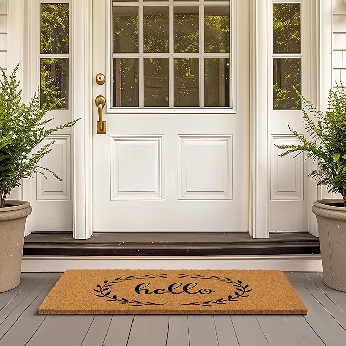 Barnyard Designs Natural Coco Coir Heavy Duty Backing Doormat - Large Cute Non-Slip Front Door Welcome Mat for Outside Entrance or Porch Entry, Brown (24x36, Hello)