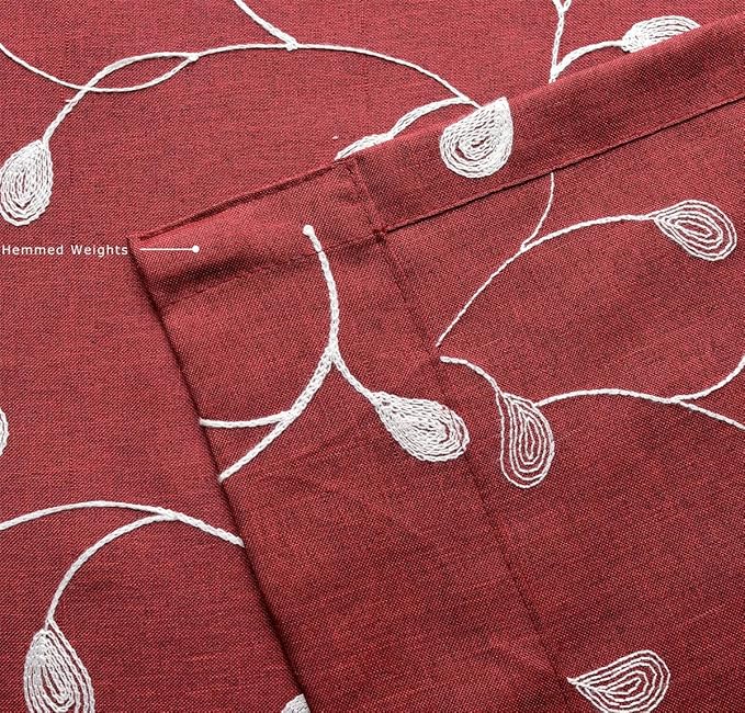 MIUCO Floral Embroidered Semi Sheer Curtains Faux Linen Grommet Curtains for Living Room 52 x 63 Inch 2 Panels, Burgundy