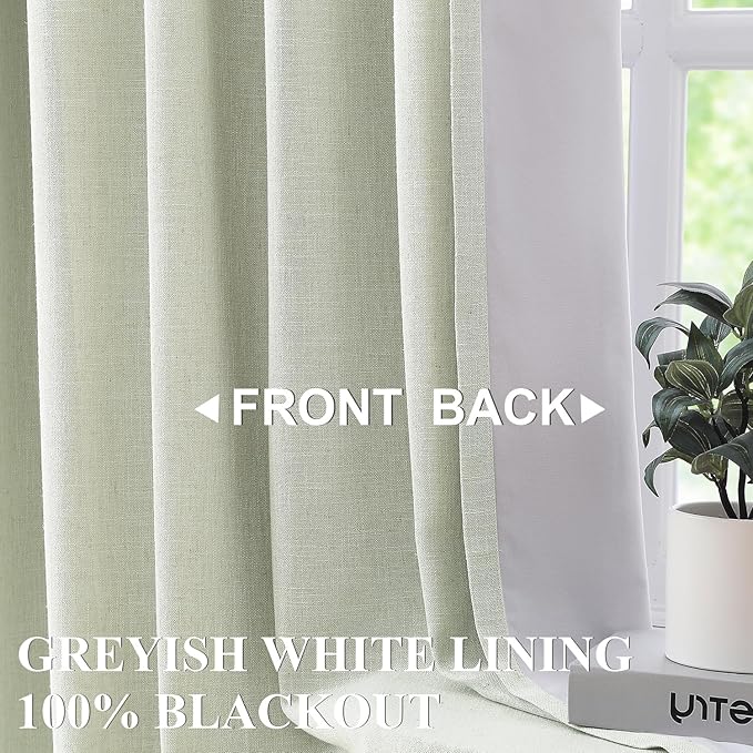 Vision Home Soft Green Pinch Pleated Full Blackout Curtains Linen Blended Room Darkening Window Panels 90 inch for Living Room Bedroom Thermal Insulated Pinch Pleat Drapes with Hooks 60" Wx90 Lx1