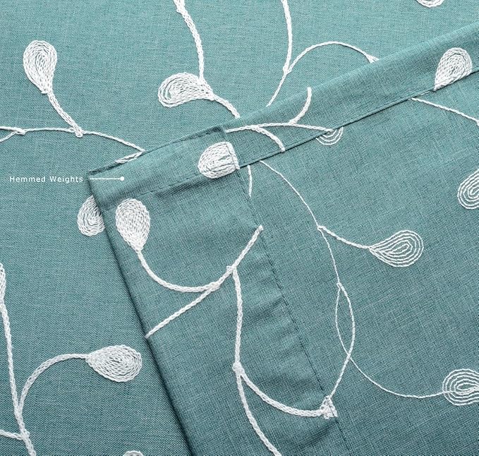 MIUCO Floral Embroidered Semi Sheer Curtains Faux Linen Grommet Window Panel Pair for Bedroom 52 x 63 Inch, Teal