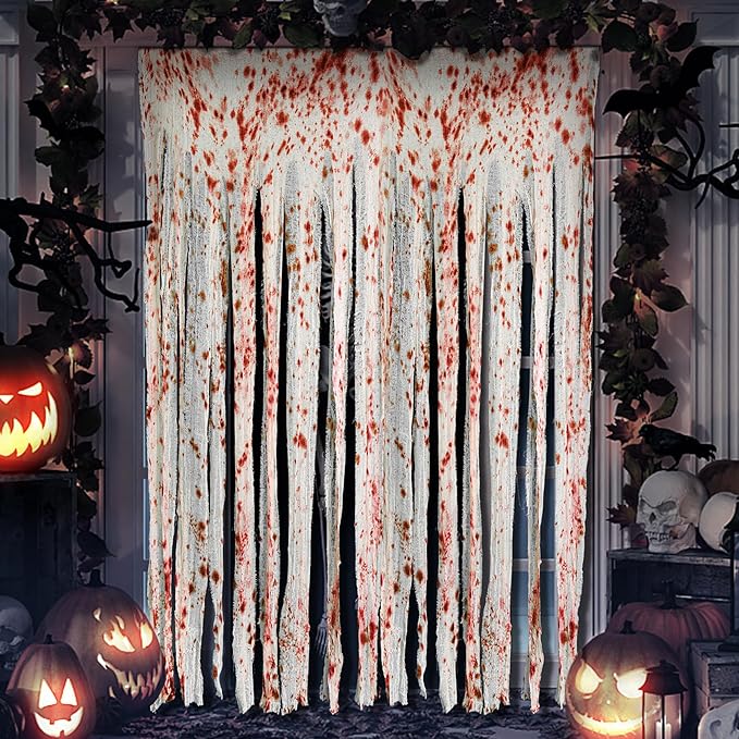 RunNico 85" x 60" 2pcs Halloween Door Curtain Decoration with Bloody Hand Prints - Bloody Doorway Curtain Halloween Creepy Cloth for Haunted House, Horror Theme Party