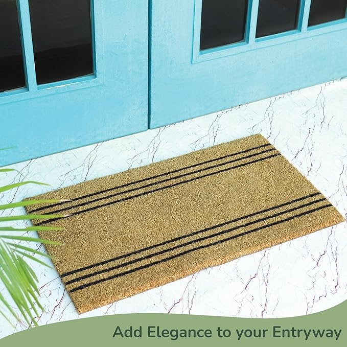 Welcome Doormats, Natural Coco Coir Mats with Non-Slip PVC Backing, Indoor Outdoor Mats for Home & Office, Floor Mats for Door Decor, Plain Entry Mat with Stripes, Beige & Black, 30"x17"