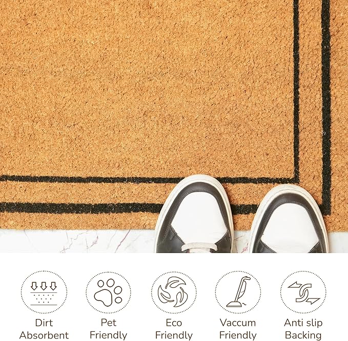 Welcome Doormats, Natural Coco Coir Mats with Non-Slip PVC Backing, Indoor Outdoor Mats for Home & Office, Floor Mats for Door Decor, Plain Entry Mat with Border, Beige & Black, 30"x17"