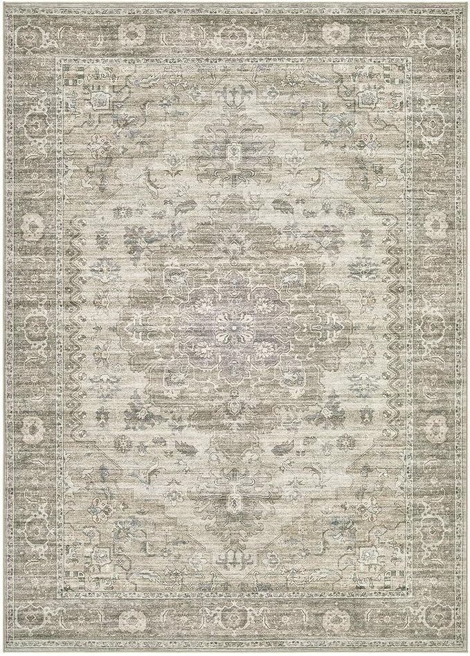 Washable Area Rugs for Living Room - 5x7 Neutral Vintage Distressed Floral Farmhouse Boho Large Soft Floor Rug Indoor Non Slip Carpet for Living Room Bedroom Dining Room Office - Brown/Tan