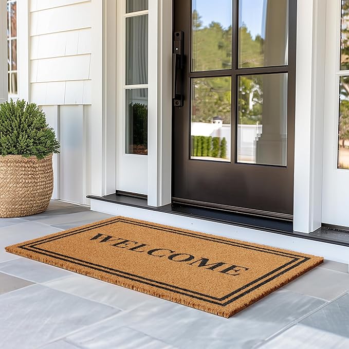 Barnyard Designs Natural Coco Coir Heavy Duty Backing Doormat - Large Cute Non-Slip Front Door Welcome Mat for Outside Entrance or Porch Entry, Brown (30x48, Welcome)