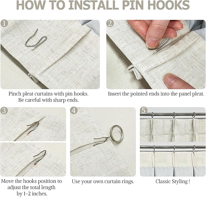 Vision Home Natural Pinch Pleated Full Blackout Curtains Linen Blended Room Darkening Window Curtains 108 inch for Living Room Bedroom Thermal Insulated Pinch Pleat Drapes with Hooks 40" Wx108 Lx2