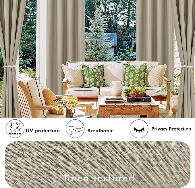HolidayIdeas 2 Panels Linen Outdoor Curtains for Patio Waterproof Taupe Curtains 54"x 95"-Outside Curtains Weatherproof, Privacy, Textured for Pergola, Porch, Cabana, Gazebo