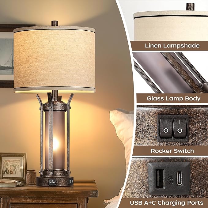 QiMH Farmhouse Table Lamps for Living Room, Rustic Beside Lamps for Bedroom with USB A+C Charging Ports, Nightstand Lamp with Frosted Glass Night Light for Home Decor, 4 Bulbs Included (Bronze)